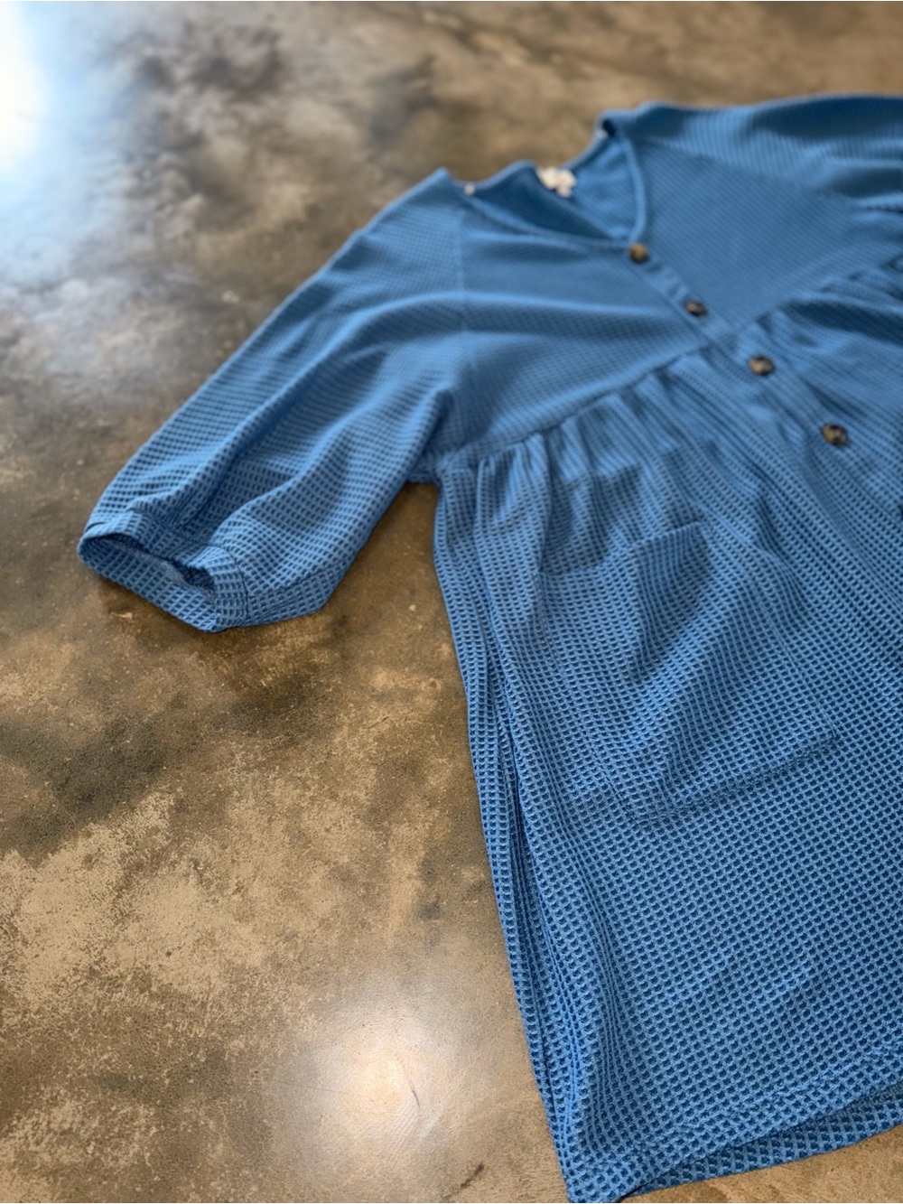Umgee Blue Waffle Knit Tunic Top XL Babydoll Dress Oversized Boho Pockets - Picture 3 of 9